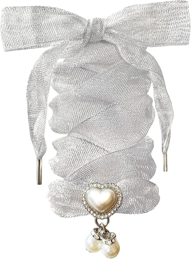 Fashionable Satin Ribbon Shoe Laces with Bling Pearl Charms for Girls & Women (51"Inch (130CM), 04 Organza Glitter Silver)