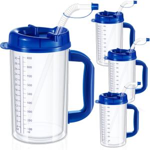 32 oz Hospital Water Cup with Straw and Lid Insulated Double Walled Water Cup with Handle and Straw Elderly Bottle Plastic Drinking Hospital Carafe Insulated Mug(Blue,4)