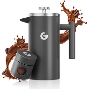 Coffee Gator French Press Coffee Maker - 34oz Double Insulated Stainless Steel Brewer plus Travel Jar Canister, Portable Hot Cold Brew Teapot Cafetera for Coffee Bar Accessories Kitchen Camping, Gray