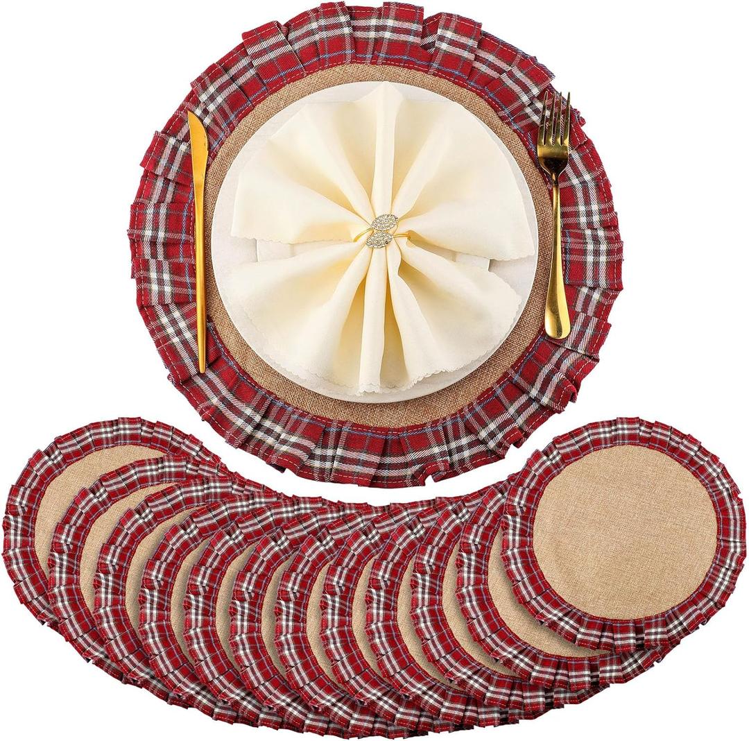 HunnmingRe 12 Set Round Christmas Plaid Placemats 15.7 Inch Christmas Checkered Tartan Table Mats Xmas Faux Burlap Fabric Table Mats for Xmas Holiday Dinner Party Decoration(Red White)
