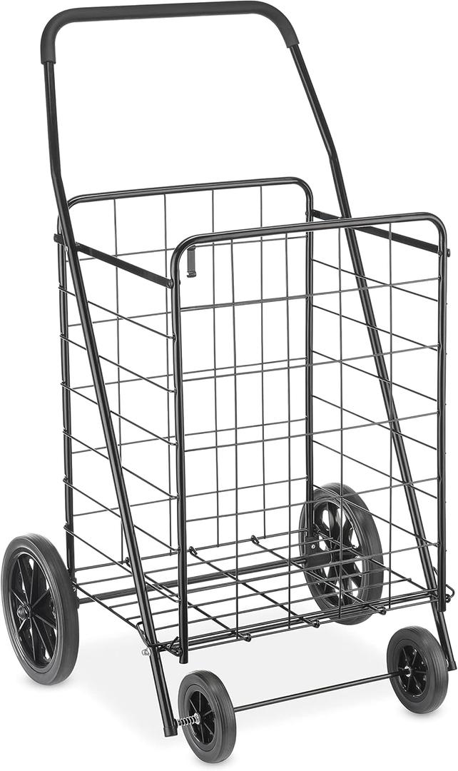 Whitmor Extra Large Utility Foldable Shopping Cart with Wheels, 100 Lb Capacity, Heavy Duty Grocery Cart with Steel Frame, Foam Handle, Rolling Collapsible Utility Trolley for Grocery, Laundry, Black (17.4"L x 16.4"W x 40.12"H)