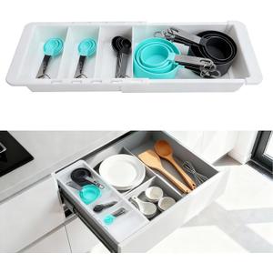 Expandable Measuring Cup Organizer & Measuring Spoon Organizer for Deep Drawers, 11.4''18.1'' Adjustable Kitchen Drawer Organizer with 3 Dividers, Space-Saving Flatware Bin for Home & Kitchen