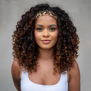 CINHOO Deep Curly Brown Headband Wigs for Black Women 12inch Short Dark Brown Base with Caramel Brown Highlights Headband Wig for Women Curly Half Wigs with Headbands Attached Daily Use
