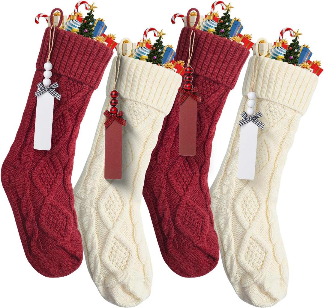 Mr. Pen- Personalized Christmas Stockings with Wooden Name Tags, Set of 4, 18" Red & Cream Cable Knit Stockings for Christmas