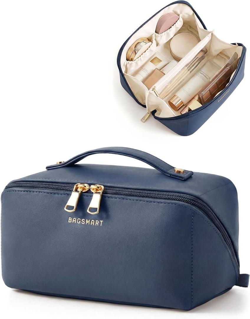 BAGSMART Makeup Bag Travel Cosmetic Bag,Women Toiletry Case, Deep Navy | Make Up Bag Flat Open Toiletry Bag for Women, PU Leather Travel Essentials Wide-open Skincare,Brushes Organizer Case Large (EXP 08/26/32)