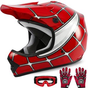 XFMT Kids Dirt Bike Helmet Youth Motorcycle Helmet DOT-Certified Full Face Helmets for Motocross ATV Off-Road Street Bike with Goggles & Gloves, Red Spider Medium (Red)
