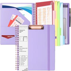 HAUTOCO Spiral Leather Clipboard Folio with Notepad (8.5 x 11''), 5 Folders with 10 Pockets, Storage Zipper Pouch, Pen Loop, 39 Stickers, Padfolio Organizer for Work School, Lavender