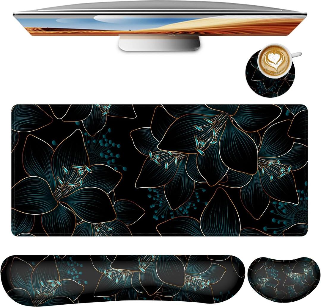 Keyboard Mouse Pad Set,Large Gaming Mouse Pad+Keyboard Wrist Rest+Wrist Rest+Coaster,Computer Desk pad Set Wrist Support for Office Desktop Laptop. (35.4" x 15.7") Extended Desk Mat (Floral)