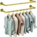 OROPY Industrial Pipe Clothes Rack Wall Mounted Set of 2, 38.4 inches Heavy Duty Iron Pipe Clothing Garment Rail, Multi-Purpose Clothing Hanging Rod for Laundry Room and Closet Storage, Gold