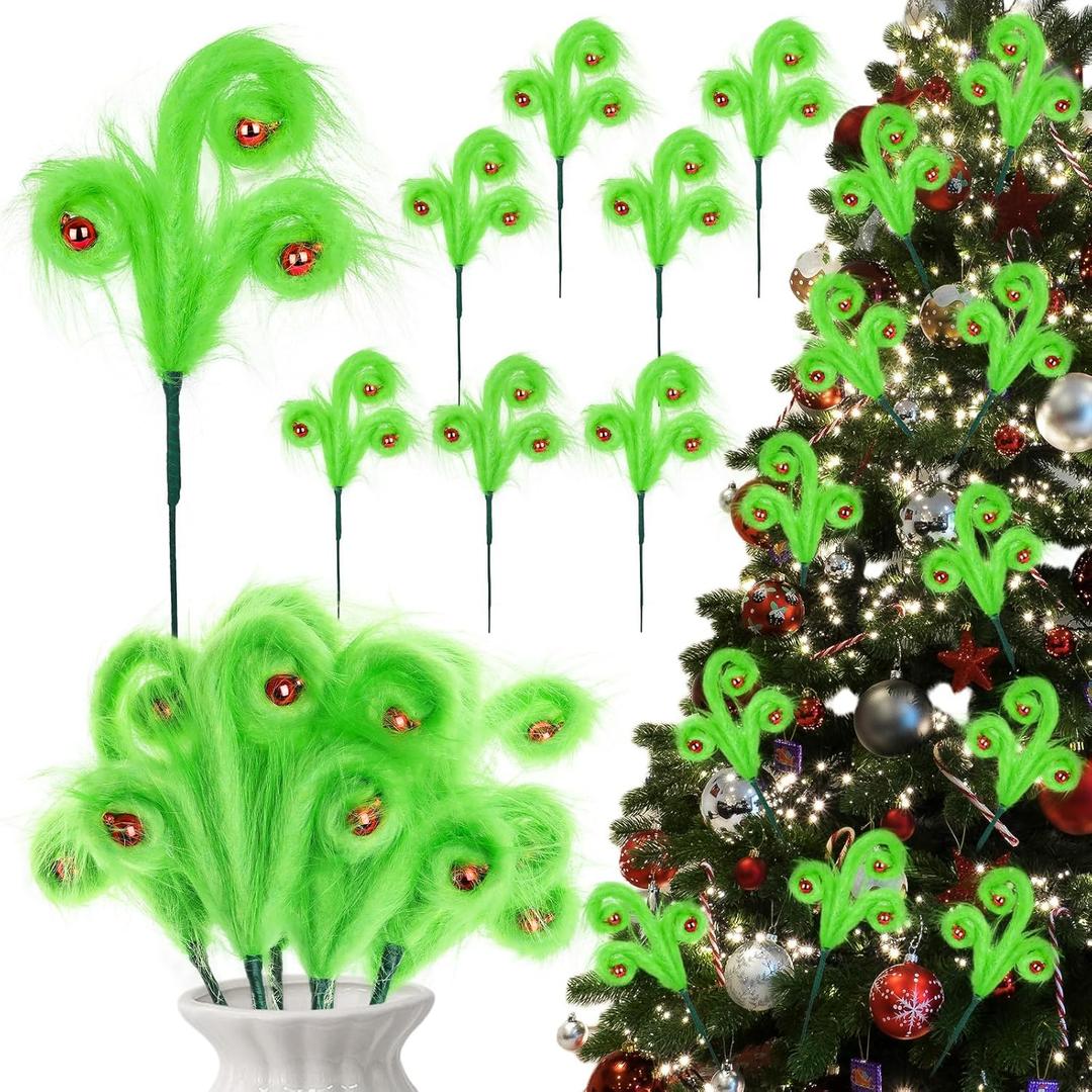 8 Pcs Christmas Tree Topper 18'' Christmas Tree Decorations Green Furry Christmas Picks with Red Ball for Xmas Home Craft Decoration Supplies