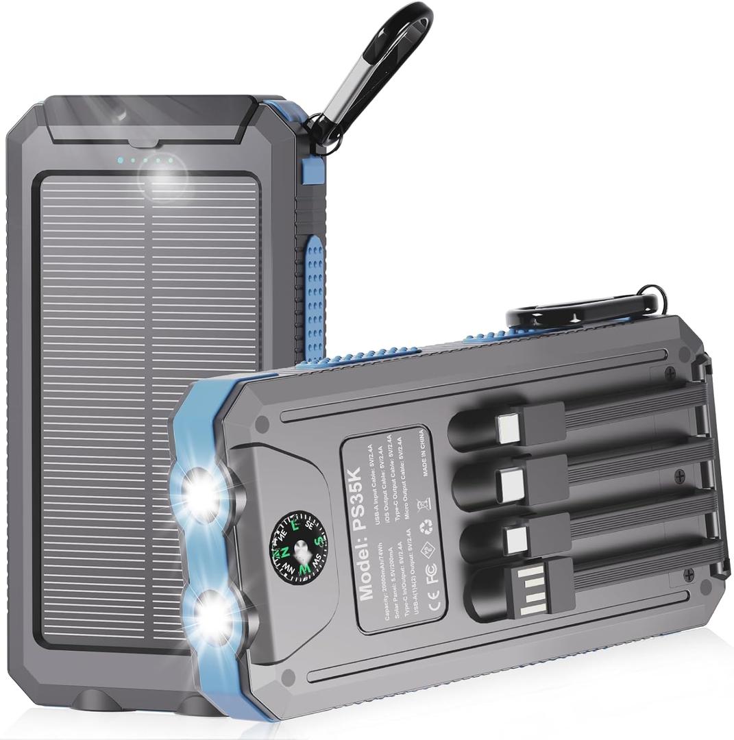 Solar Power Bank 20000mAh, Solar Charger Portable Phone Charger with 4 Built-in Cables, USB-C Fast Charging, Waterproof Battery Pack with Dual Flashlight for Camping Hiking Travel Storm Emergency