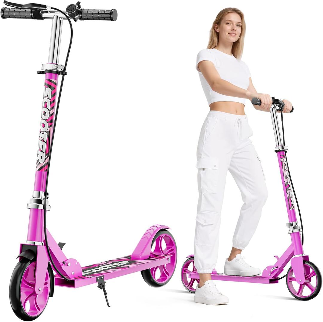 Scooters for Kids 8-12, Teens & Adults - Lightweight, Foldable, 8-Inch Big Wheels, Hand Brake & Bell, 4 Adjustable Height Levels, 240 lbs Max Load, Perfect for School, Campus and Park Rides, Pink