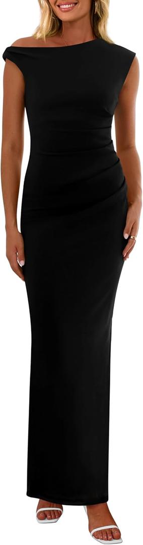 PRETTYGARDEN Women's 2026 Summer Formal Maxi Dresses Sleeveless One Shoulder Bodycon Ruched Mesh Wedding Guest Cocktail Dress (Black, M)