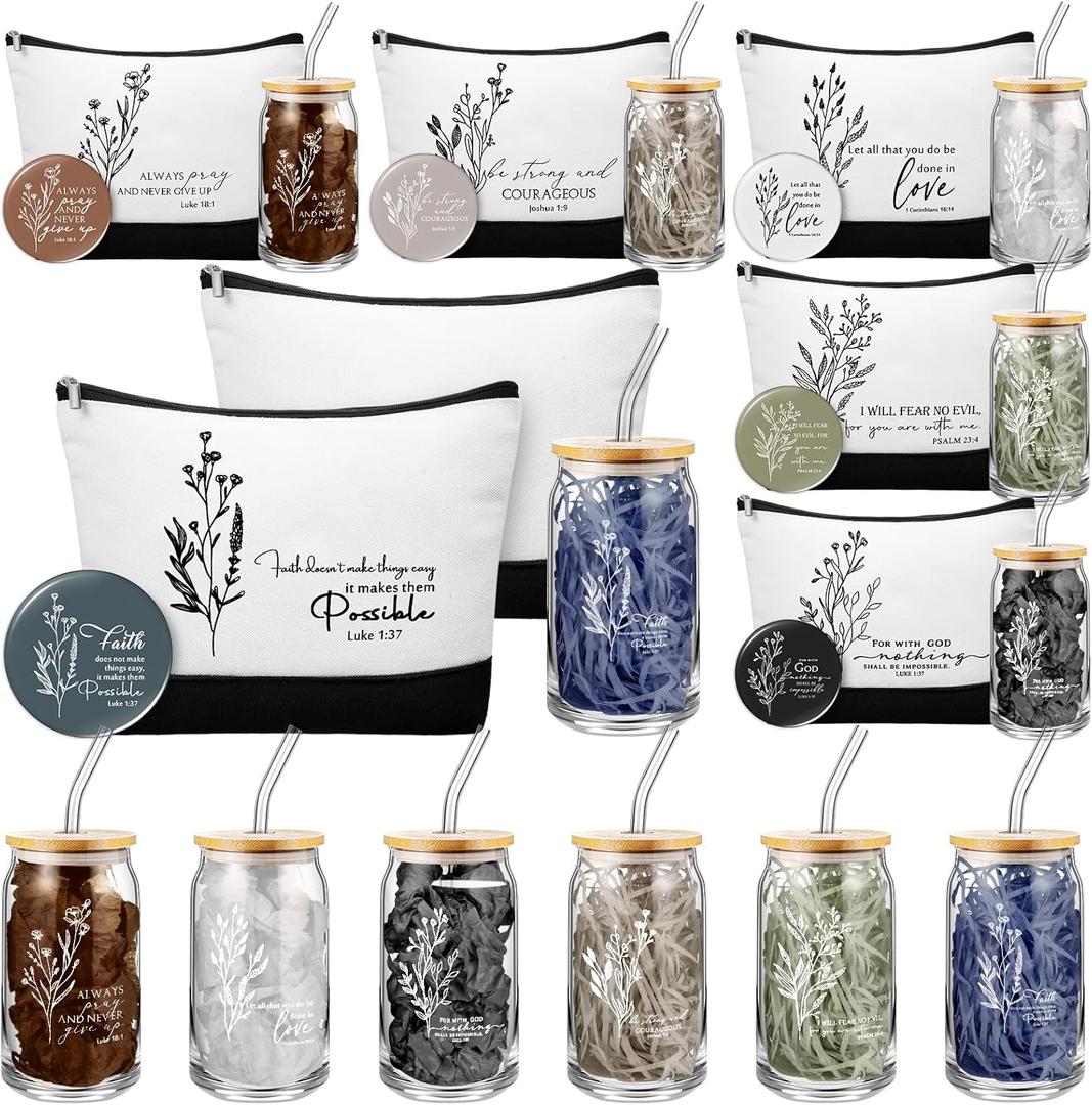 Fumete 6 Sets Christian Gift Sets for Women Mothers Day Church Gift Glass Cup Tumblers Lid Straw Makeup Bag Religious Mini Mirror Bulk for Sunday School Teacher (Boho Flower Bible, White)