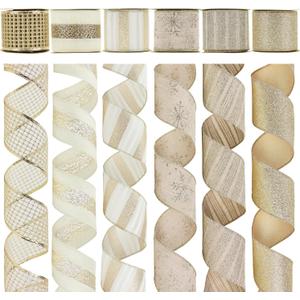HUIHUANG Champagne Gold Christmas Ribbon Wired Champagne Glitter Christmas Tree Ribbons for X-mas Tree, Wreaths, Garlands, Home Decor, Wrapping (2.5" x 6 Rolls, 36 Yds Total)
