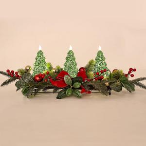 Christmas Table Centerpiece with LED Lights, Green Xmas Tree Decoration, Red Berry, Christmas Balls for Holiday Party, Home, Fireplace
