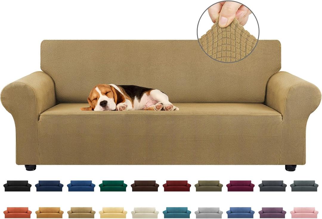 KEKUOU Stretch Sofa Cover Slipcover Couch Covers for 3 Cushion Couch Sofa pet Friendly (79"-94") Furniture Protector Sofa with Elastic Bottom for Kids,Dog, Jacquard Small Checked(Large,Tan)