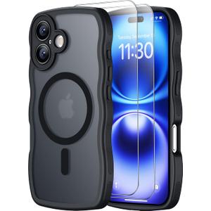 SPIDERCASE Magnetic for iPhone 16 Case, [Curly Wave Edge] with [2 Tempered Glass Screen Protector] [Full Camera Protection] Anti-Fingerprint Anti-Scratch Case for iPhone 16 6.1, Black