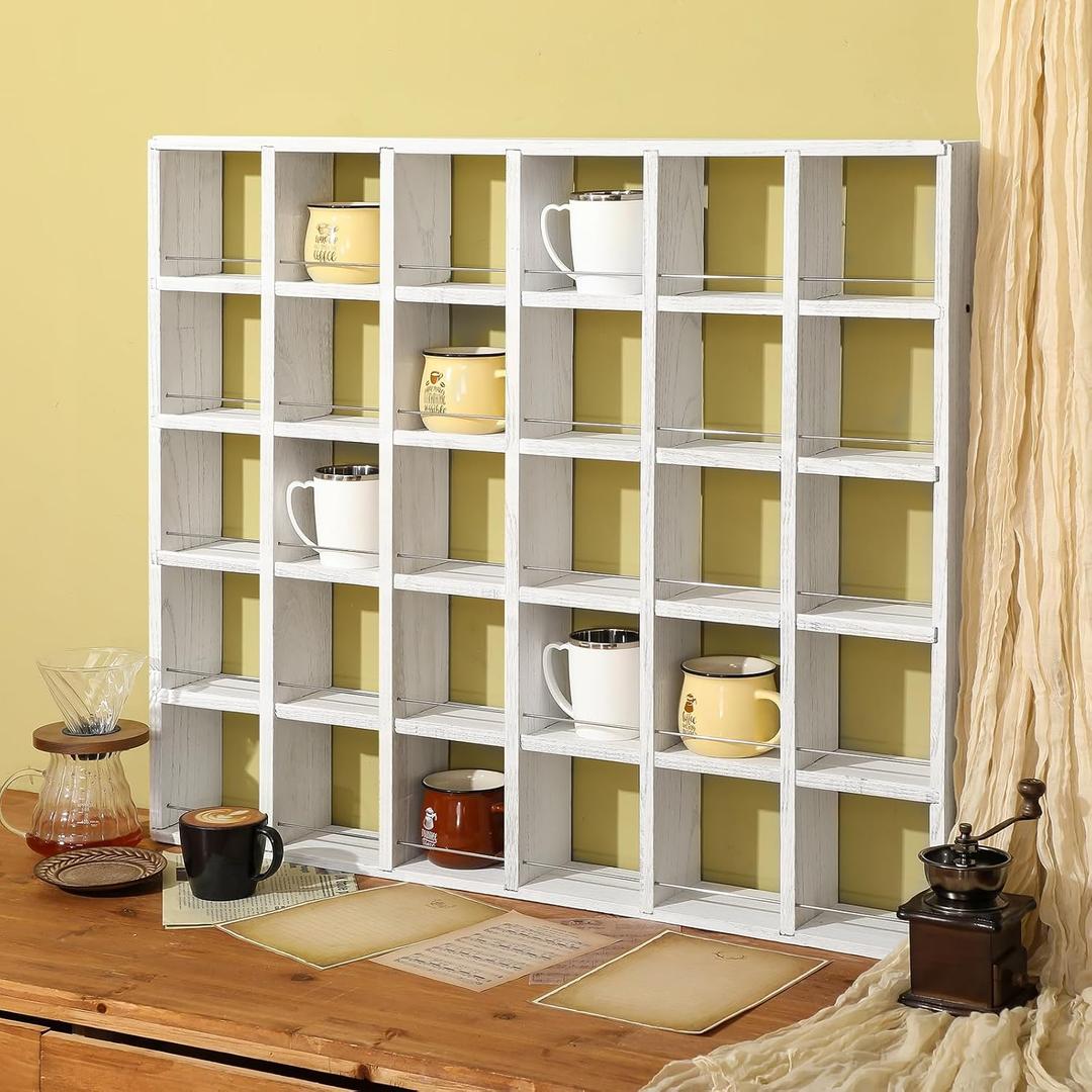 Kigley Oversize Coffee Mug Display Rack Wooden Shelves Rustic Shot Glass Display Case Travel Mug Shelf Wall Mounted Rack Holder Shadow Box(5 x 6,White), 34.65 inches x 8.27 inches x 4.53 inches