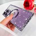 Bonoma Magnetic Glitter for iPhone 16 Pro [Compatible with MagSafe], Luxury Love Heart Pattern Plating Bling Rectangular Case,Camera Protection Sparkly Soft Back Cover for Women Girls-Purple