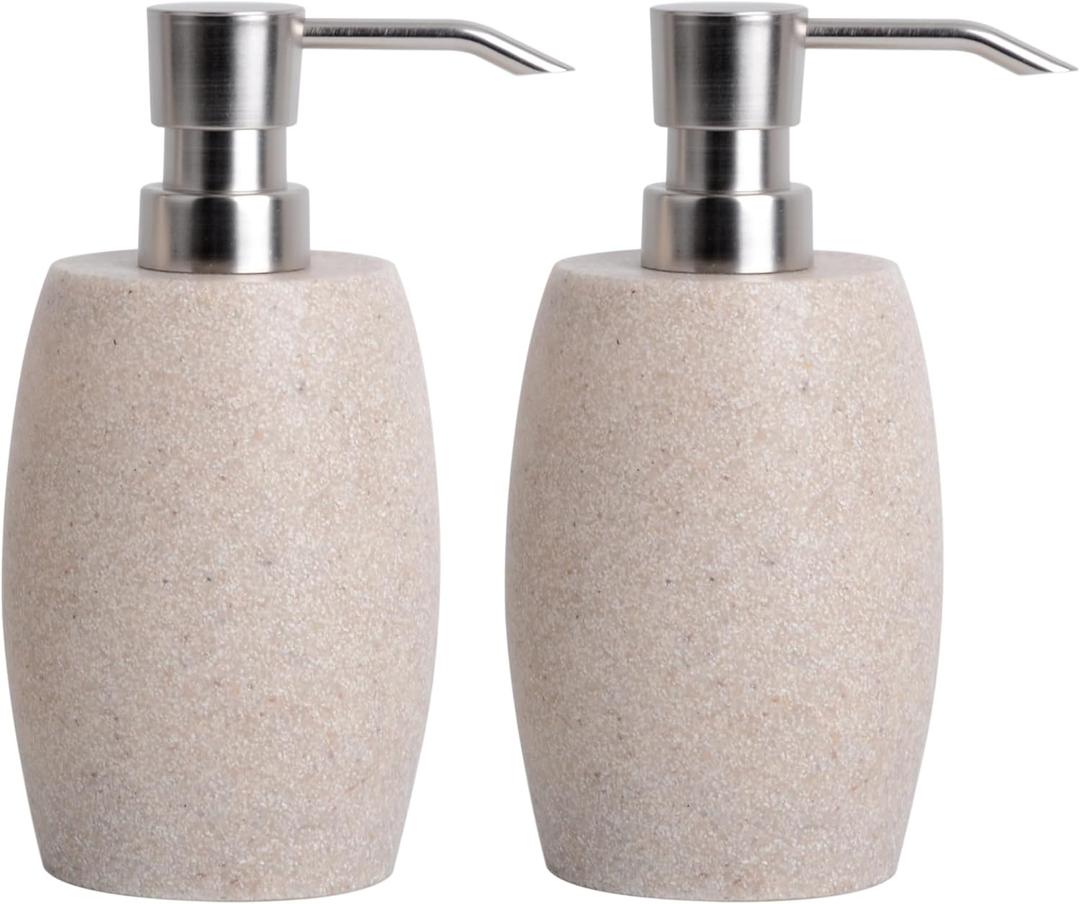 Clasin Home Sandstone Textured Resin Soap Dispenser with Metallic Pump and Waterproof Bottle Labels for Bathroom Kitchen Dish Hand Wash Shower Lotion Shampoo, 12 Oz, 2 Sets Beige