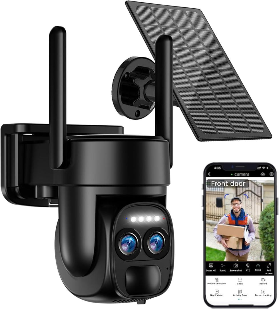 Uniter 4K Solar Security Cameras Wireless Outdoor, 5G/2.4G WiFi PTZ Camera Battery Powered, 360View Home Security Systems with Color Night Vision/Spotlight Siren/PIR Sensor/Auto Human Tracking/IP66