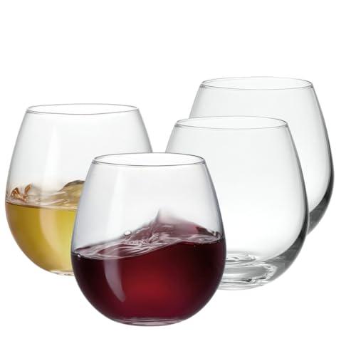 GLING [15 oz Stemless Glasses Set of 4, Glass Cups for Red or White - These Crystal Tumblers are Great for Wedding, Birthdays, and All Occasions