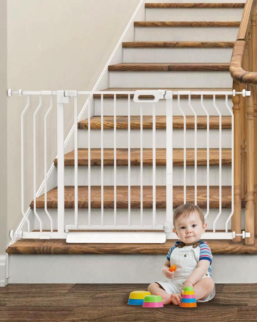Mom's Choice GROWNSY Baby Gate, 29.5"-53" Auto-Close Dog Gate for Stairs & Doorways, Pressure-Mounted Easy Install Baby Gate - No Drill, Anti-Trip, Walk Through, Safe & Durable (White)