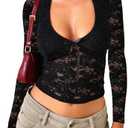 Falechay Women's Lace Long Sleeve Shirt Low Cut Y2K Slim Fit Top Bow Sexy Going Out Club Concert Clothes, S