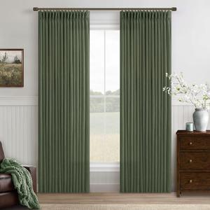 Green Pleated Linen Curtains 96 Inches Long for Living Room 2 Panel Set Semi Sheer Light Filtering Pinch Pleat with Rings Hooks Drapes Farmhouse Rustic Olive Green Curtain Bedroom Window W50xL96