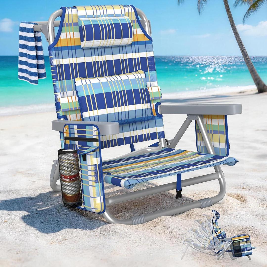 5-Position Backpack Beach Chair for Adults with Lumbar, Foldable Tall Heavy-Duty Beach Chairs with Cooler Bag,Cup Holder,Towel Rack for Beach, Camping, Outdoor