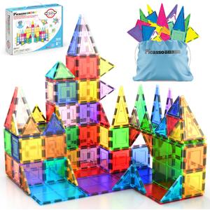 PicassoTiles 100 Piece Magnetic Tiles, Clear 3D Building Blocks for Kids 3+ | No-Limit Scalable Builds, Hands-on Magnet Polarity Fun, Family Group Play, Quick Assemble & Store, Shape & Color Recognition