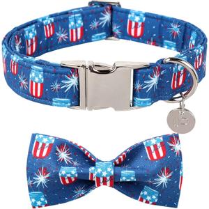 Patriotic Dog Collar with Bow Tie, 4th of July Bowtie Dog Collar, American Flag Collar for Large Boy Girl Dog, Comfortable Summer Bowtie Collar with Metal Buckle, XL