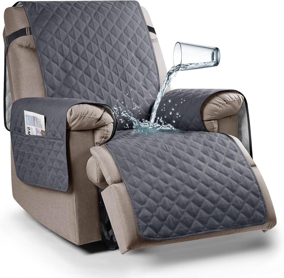 Ruaozz 100% Waterproof Recliner Chair Cover Non-Slip Reclining Cover for Recliner Chair Washable Chair Seat Cover with Elastic Straps for Kids, Dogs, Pets (Dark Grey, 23'')