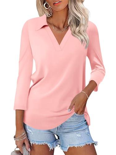 TICTICMISS Womens V Neck Polo Shirts 3/4 Sleeve Collared Tops Business Casual Summer Tops Trendy Loose L