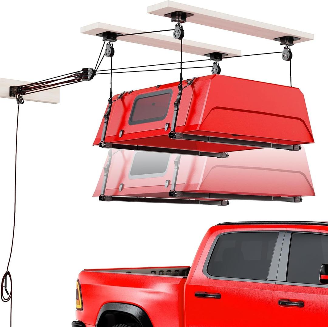 Truck Cap Hoist System for Garage Ceiling 250 lb, Smart 4-Point Self-Leveling Garage Hoist with 8:1 Pulley Lift System, Easy One-Person Overhead Garage Storage Lift for Truck Topper Rack