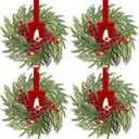4 Pcs 15" Christmas Mini Cabinet Wreaths for Kitchen,Artificial Norfolk Pine & Cypress Wreath with Red Berry Bow for Christmas Decorations Window Door Fireplace Table Staircase Indoor Outdoor
