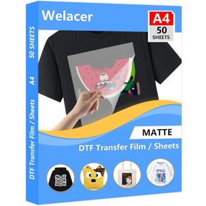DTF Transfer Film A4 50 Sheets for Sublimation or DTF Inkjet Printer, Double-Sided Matte PET Heat Transfer Paper, Direct Printing on T-Shirt and All Color Fabrics