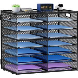 Lavatino 14 Compartments Paper Organizer for Desk, Mesh Literature Organizer, Mail File Sorter Tray with Handle, Desktop Mailbox for Office Classroom Home, Black (8 Tier)