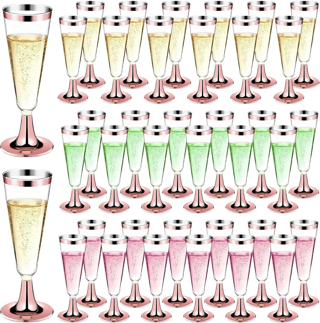 GuanQiao 100 Pack Plastic Champagne Flutes with Rose Gold Rim Pink Bottom, 5.5 Oz Clear Disposable Plastic Champagne Glasses, Wine Glasses Cups for Wedding Celebration New Years Eve Party Supplies