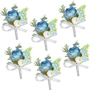 AuroraAria Dusty Blue Boutonniere for Men,Set of 6,Groom Boutonniere for Wedding,Anniversary,Homecoming,Formal Dinner Party,Wedding Decor,Artificial Dusty Blue Rose