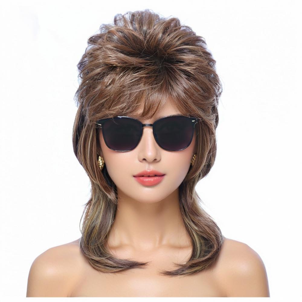 Mullet Wigs for Women,80s Style Mullet Wig, Synthetic Layered Hair, Costume Party Accessory (Light Brown)