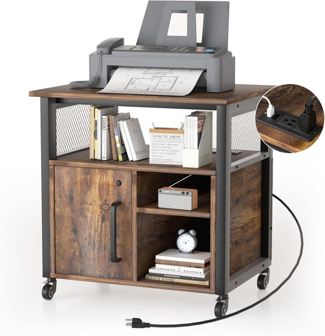 Lateral File Cabinet, Locking Office Filing Cabinets with Socket and USB Charging Port,printer cart with storageModern Rolling Printer Stand with Storage for Printer Scanner FaxBrown