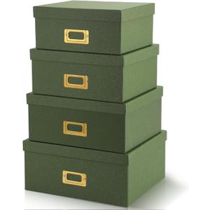 Eaasty Set of 4 Decorative Storage Boxes with Lids, Kraft Paper Boxes with Gold Label Holders, Decorative Photo Memory Keepsakes Storage, Cardboard Organizers for Home Decor, Office Organizing (Green)