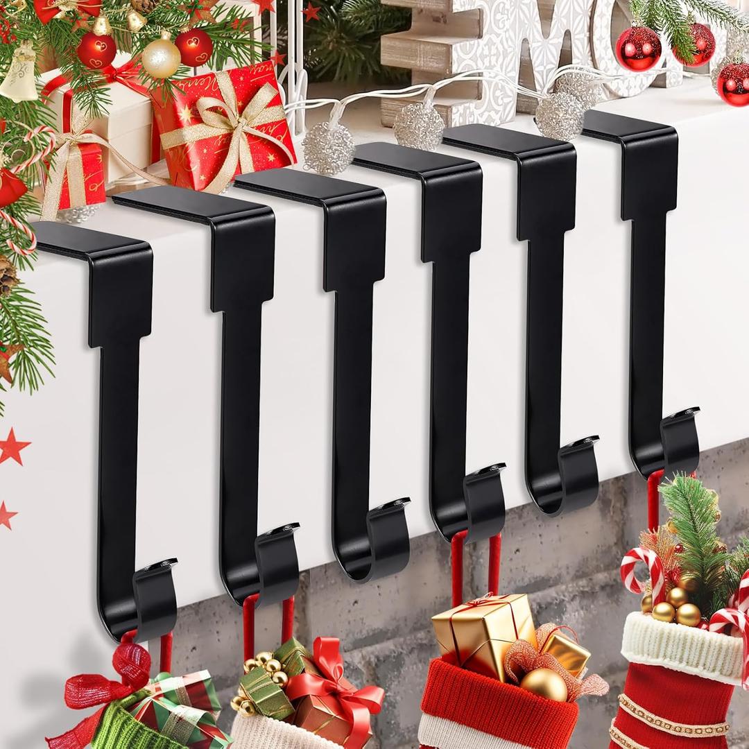 6 Pack Christmas Stockings Holder for Mantel, Christmas Fireplace Hanger Hooks, Non-Slip Stocking Hooks for Christmas Party Decorations (Black)