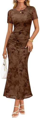 ZESICA Women's Summer Short Sleeve Floral Bodycon Dress 2026 Ruched Mesh Wedding Guest Cocktail Party Maxi Dresses, Size Large