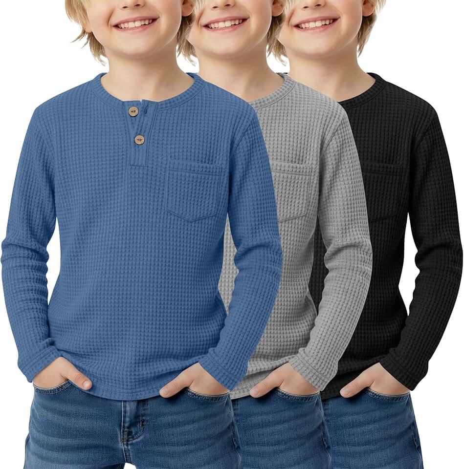 LessonZoo 3 Pack Boy's Henley Long Sleeve Shirts Waffle Thermal Tops 5-14 Years Kids Casual Sport Sweatshirts with Pocket(Haze Blue, Gray, Black, 5-6 Years)