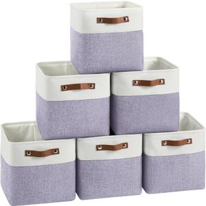 Cube Storage Baskets 1 Pack, 11x11 inch Foldable Cube Storage Bins with Leather Handles for Shelf Closet Nursery Toys (White/ Purple)