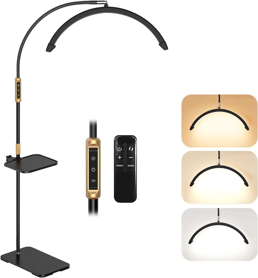23 Inch Half Moon Light, Lash Light for Eyelash Tech, LED Floor Lamp for Eyelash Extensions, Nail Art, Tattoo Art and Skincare, Adjustable Color Modes and Flexible Gooseneck, with Tray - Black