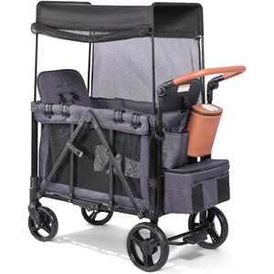 Wagon Stroller for 2 Kids with Insulated Snack Pack Foldable All-Terrain Wagon Stroller, 5-Point Harness & Canopy Parent Organizer Adjustable Handle (Gray)